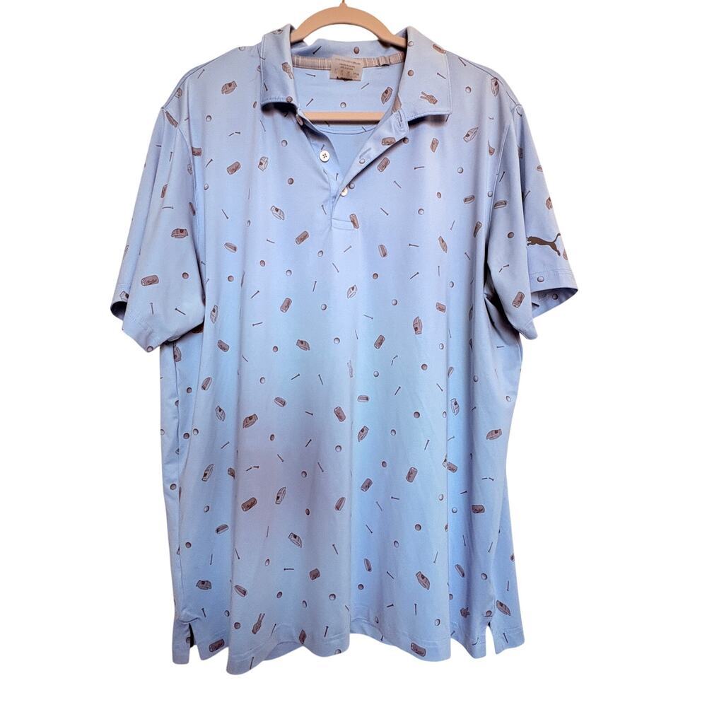 Puma Golf Polo Shirt Mens Large Blue Hot Dog Beer Golf Ball Print Performance